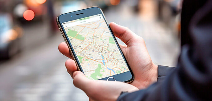 男性がスマートフォンで地図を見ています。